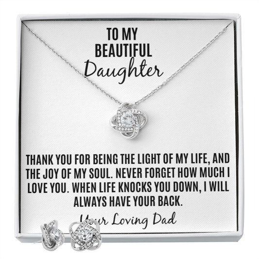 To My Loving Daughter Love Knot Necklace and Earrings.